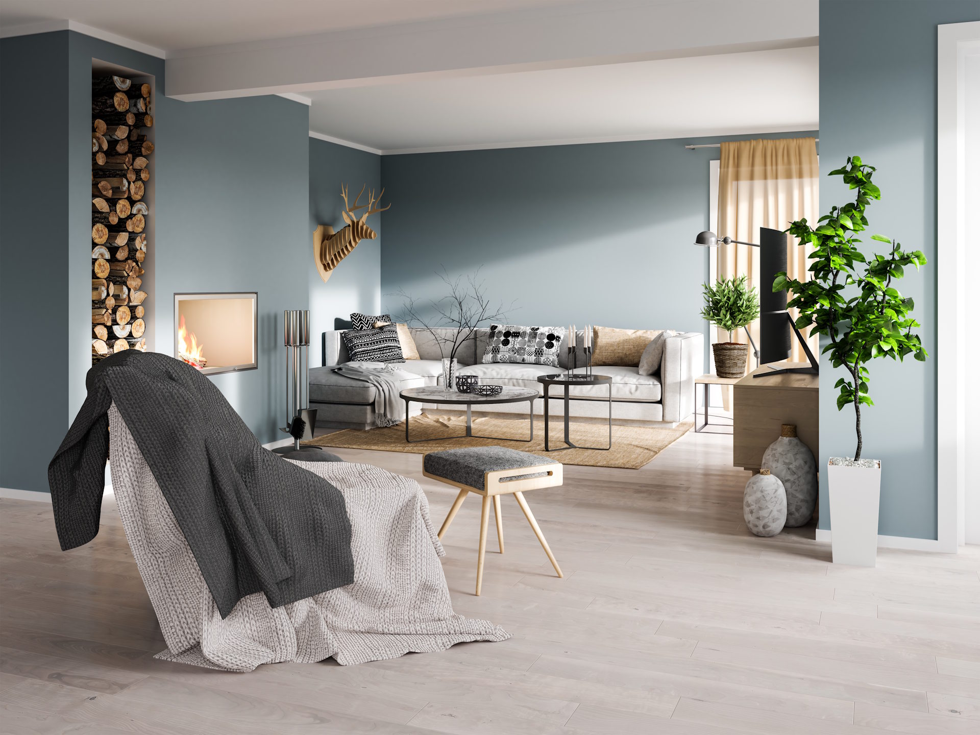 Ein moderner Laminatboden bringt zahlreiche Vorteile mit sich: Er ist besonders pflegeleicht, robust und eignet sich ideal, um Wohnräumen eine warme, hochwertige Optik zu verleihen. Dank seiner vielseitigen Designs und einfachen Verlegung bietet er eine attraktive und kosteneffiziente Lösung für stilbewusste Einrichtungsprojekte.  Bildbeschreibung: Das Bild zeigt ein helles, modern eingerichtetes Wohnzimmer mit einem hellen Laminatboden, blaugrauen Wänden und einer gemütlichen Sitzecke. Sichtbar sind ein Sofa, ein Couchtisch, ein Kamin, gestapeltes Feuerholz, mehrere Pflanzen sowie verschiedene Wohnaccessoires in einem harmonisch abgestimmten Raum.