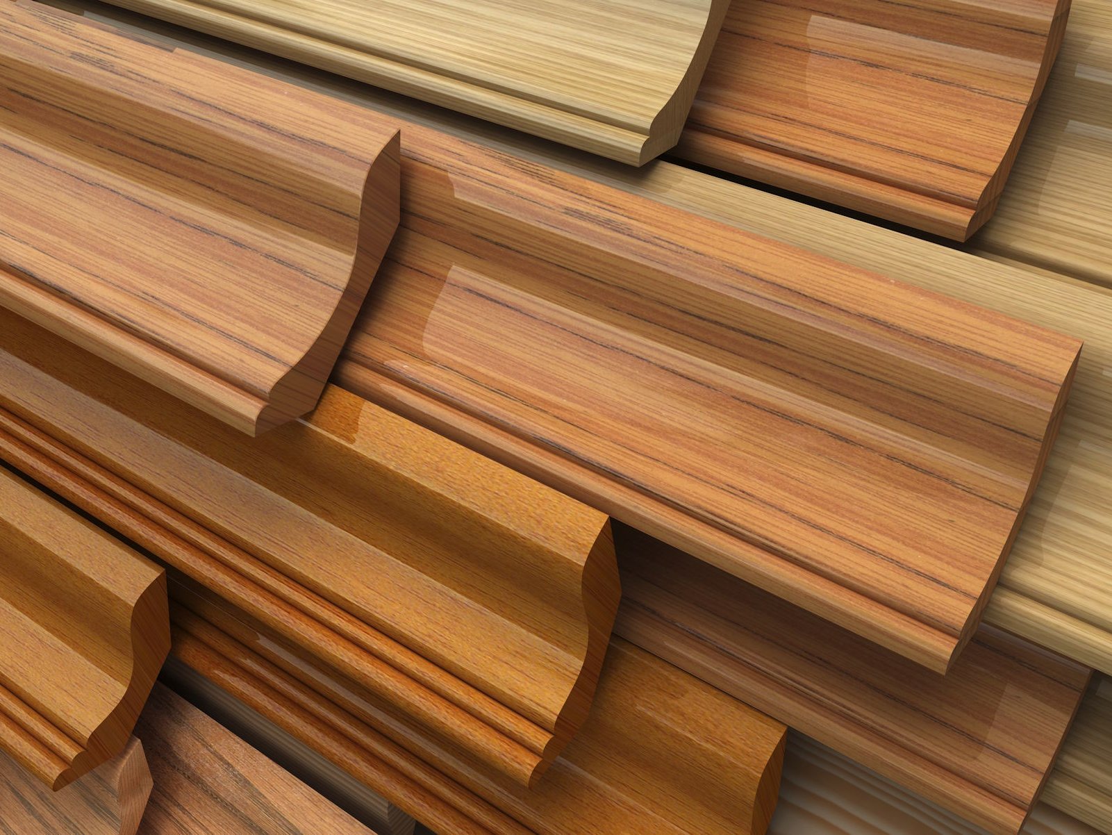 Hochwertige Parkett Sockelleisten in Altenburg, Gera, Schmölln, Ronneburg und Leipzig sorgen für einen perfekten Übergang zwischen Wand und edlem Parkettboden. Mit passender Holzoptik, präziser Verarbeitung und langlebiger Qualität schaffen sie ein harmonisches Gesamtbild und verleihen jedem Raum ein professionelles, stilvolles Finish.  Bildbeschreibung: Das Bild zeigt mehrere übereinander gestapelte Sockelleisten aus Holz in verschiedenen warmen Farbtönen. Die Leisten besitzen unterschiedliche Profile und Maserungen, wodurch verschiedene Designs und Einsatzmöglichkeiten deutlich werden.