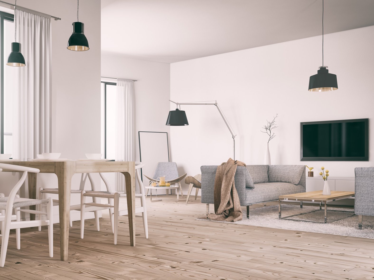 Wer Massivholzdielen fachgerecht verlegen lässt, profitiert von einer perfekt ausgearbeiteten Oberfläche, hoher Stabilität und einer langlebigen, natürlichen Wohnqualität. Durch professionelle Verlegung entsteht ein harmonisches Gesamtbild, das die edle Holzstruktur optimal zur Geltung bringt und den Wert Ihres Wohnraums steigert.  Bildbeschreibung: Das Bild zeigt einen hellen Wohn- und Essbereich mit natürlichen Massivholzdielen in warmen Holztönen. Im Raum befinden sich ein Holztisch mit weißen Stühlen sowie eine gemütliche Sitzecke mit grauen Sofas, modernen Lampen, einer Stehleuchte und dekorativen Elementen wie einem kleinen Tisch und einer Vase.