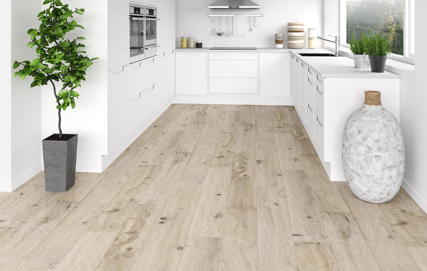 Weiße Küche mit Vinylboden verlegt - Holzlimitat